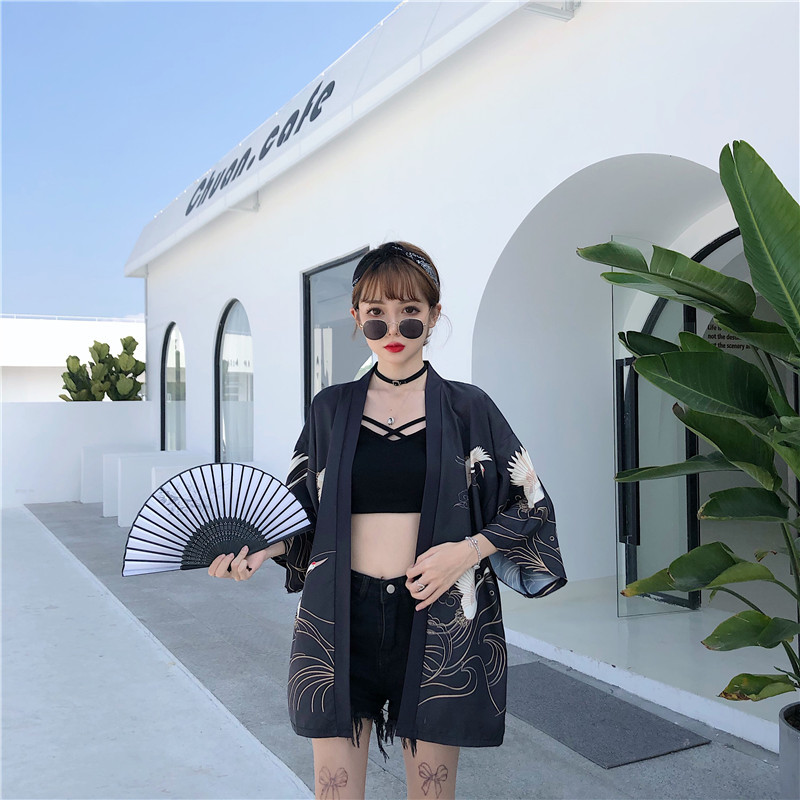 Japanese Kimono Women Harajuku Shirts Embroided Blouses Loose Casual Tops Cosplay With Belt 210519