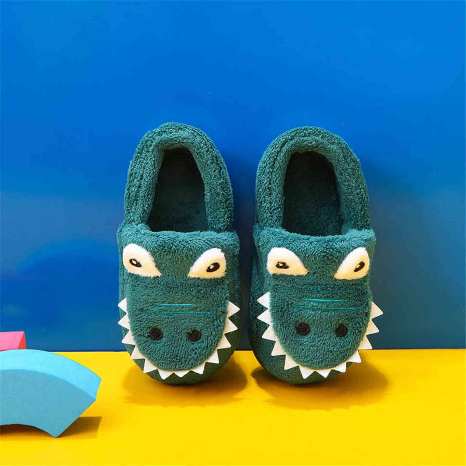 Winter Warm Home Kids Fur Slippers Cute dinosaur Pattern Indoor Cartoon Baby Slippers Soft Sole Rubber Bottom Children Shoes 211119