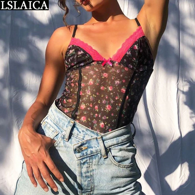 Women Top Sleeveless Lace Patchwork Summer s For Mesh Print Sexy Tank s Fashion Roupas Femeninas Feminino 210520