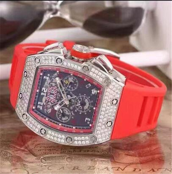 men's sport watch Male watches mechanical wristwatch skeleton dial diamonds bezel red rubber strap Transparent Glass Back 020