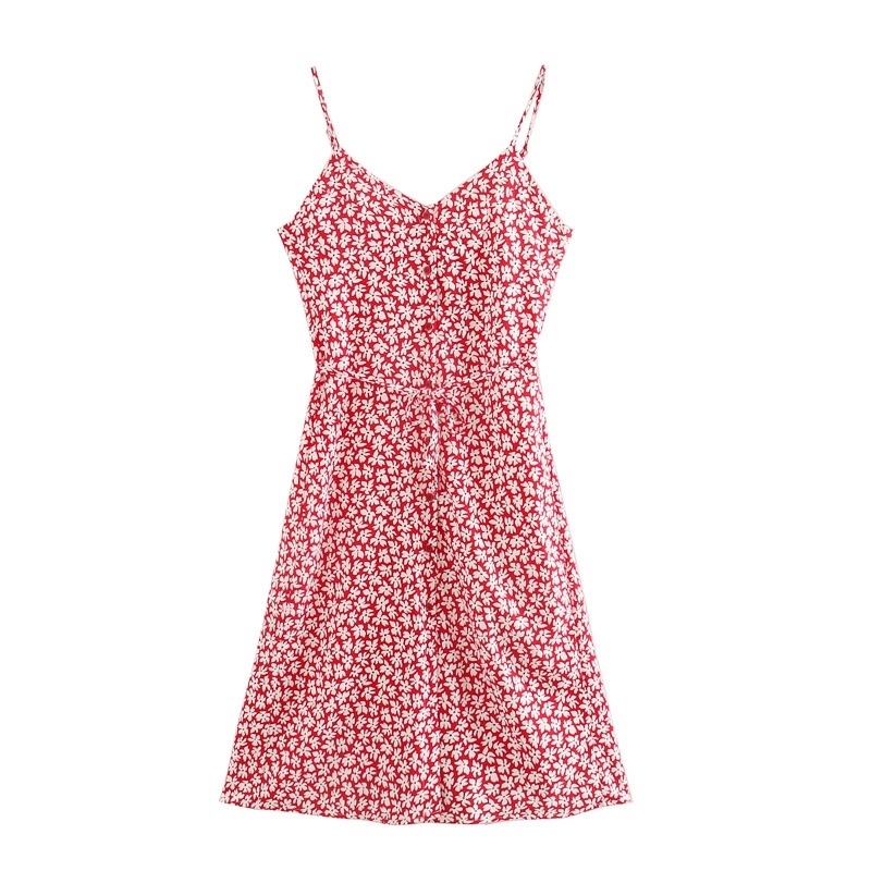 French Women Sling Dress Single-breasted Buttons Red White Floral Print Spaghetti Strap Hem Slit Mid-Calf Dresses Party 210429