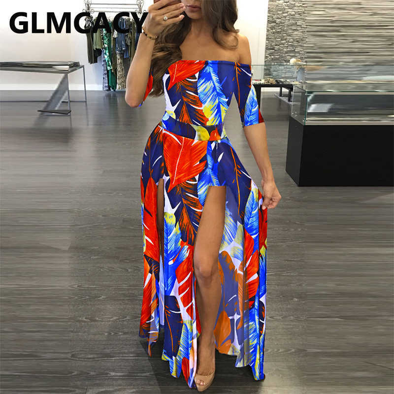Short Sleeve Off Shoulder Tropical Printed Dress High Slit Beach Party Maxi Dress 210702