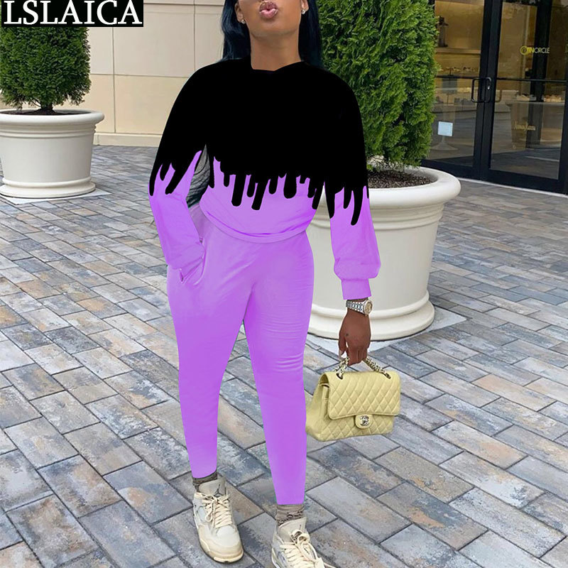 Casual Two Piece Outfits for Women Sets Streetwear Plus Size Pencil Pants Long Sleeve O Neck Tops Set Autumn Female Tracksuit 210515