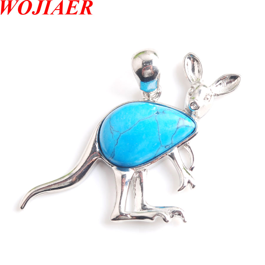 WOJIAER New Cute Animal Kangaroo Pendant Necklaces Water Drop Natural Stone Pink Quartz Crystal Fashion Jewelry for Women Girls BE907