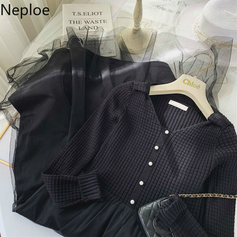Neploe Plus Size Woman Dress Knitted Patchwork Gauze Black Vestidos V-neck Long Sleeve Robe High Waist Slim Maxi Dresses Women 210422
