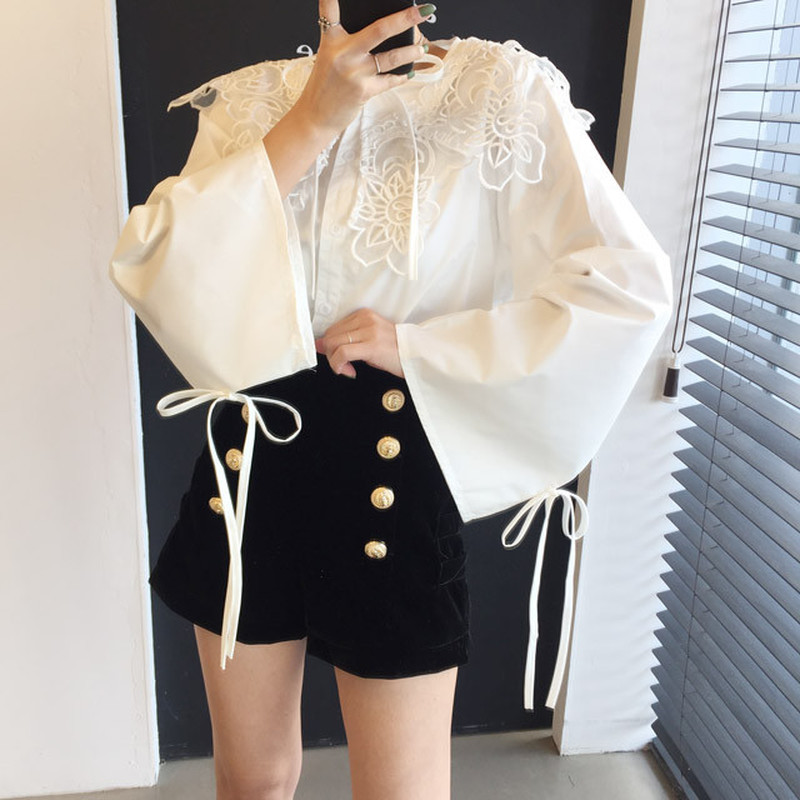 Asymmetrical Hem Shirts Women Appliques White Blouse Casual Loose Tops Lapel Plus Size Fashion Butterfly Sleeve Bow Shirt 13107 210506