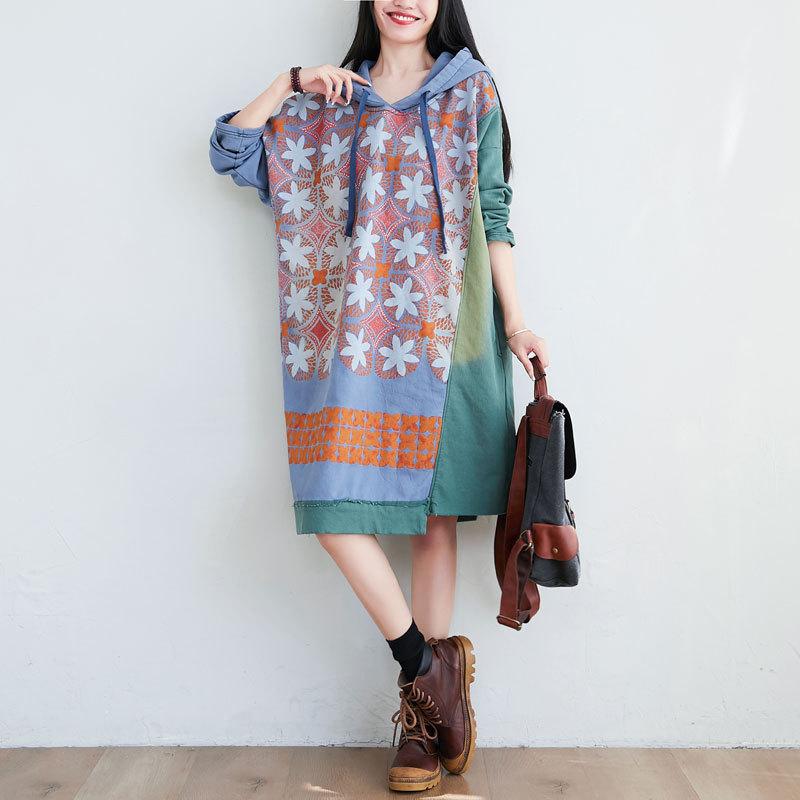2021 Autumn Winter Patchwork Hooded Dress Women Print Korean Style Knit Cotton Robe Female Big Size Loose Casual Dresses