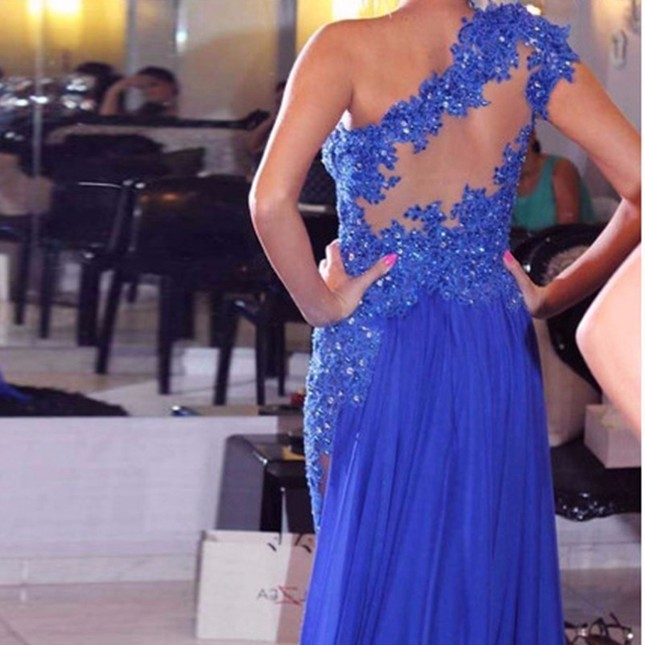 Royal Blue Evening Dresses 2021 Floor Length Chiffon See Through One Shoulder Appliqued Lace A-Line Party Gown Plus Size