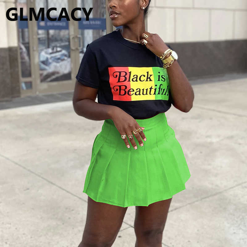 Two Piece Casual Dress Suits Short Sleeve Letter Printed T Shirt & Pleated Mini Skirt Set 210702