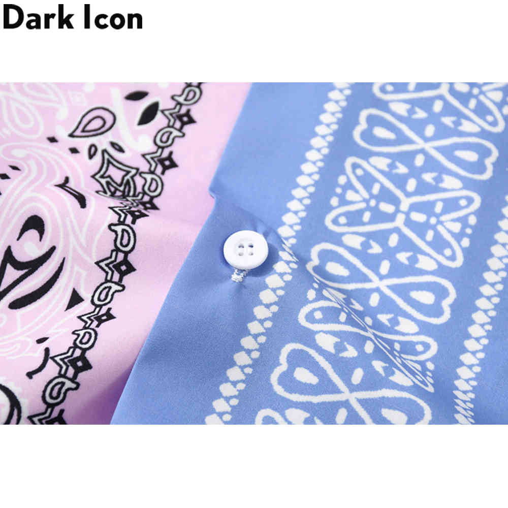 Dark Icon Pink Blue Patchwork Bandana Shirt Men Streetwear Men's Shirts Long Sleeve Male Tops 210410