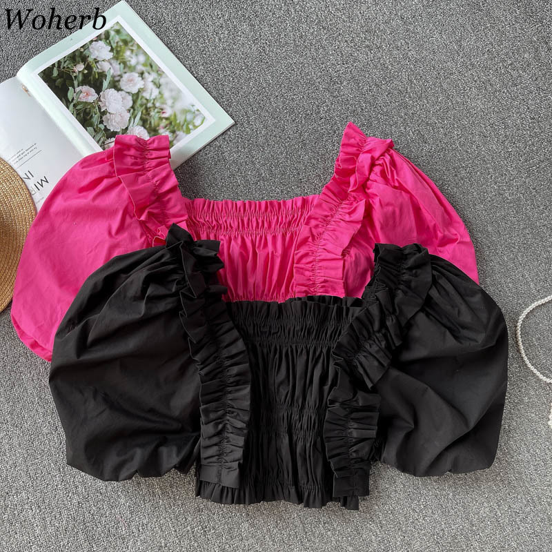 Sweet Blouses Women Square Collar Puff Sleeve Pleated Shirt Sexy Lady Elegant Fashion Crop Tops Korean Ruffles Blusas 210519