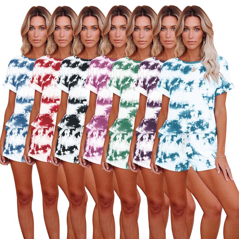 Casual Fashion Tie Dye Two Piece Set Women Pullover Short Sleeve T-shirt And Biker Shorts Summer Sweater Matching Sets 2021 Women's Tracksui