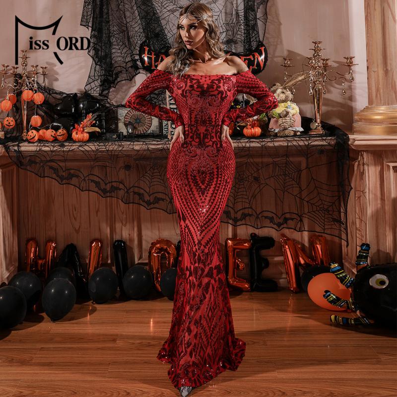 Missord Women Long Sleeve Sexy Off The Shoulder Evening Party Dress Vintage Red Christmas Sequin Maxi Dresses FT8249 Casual