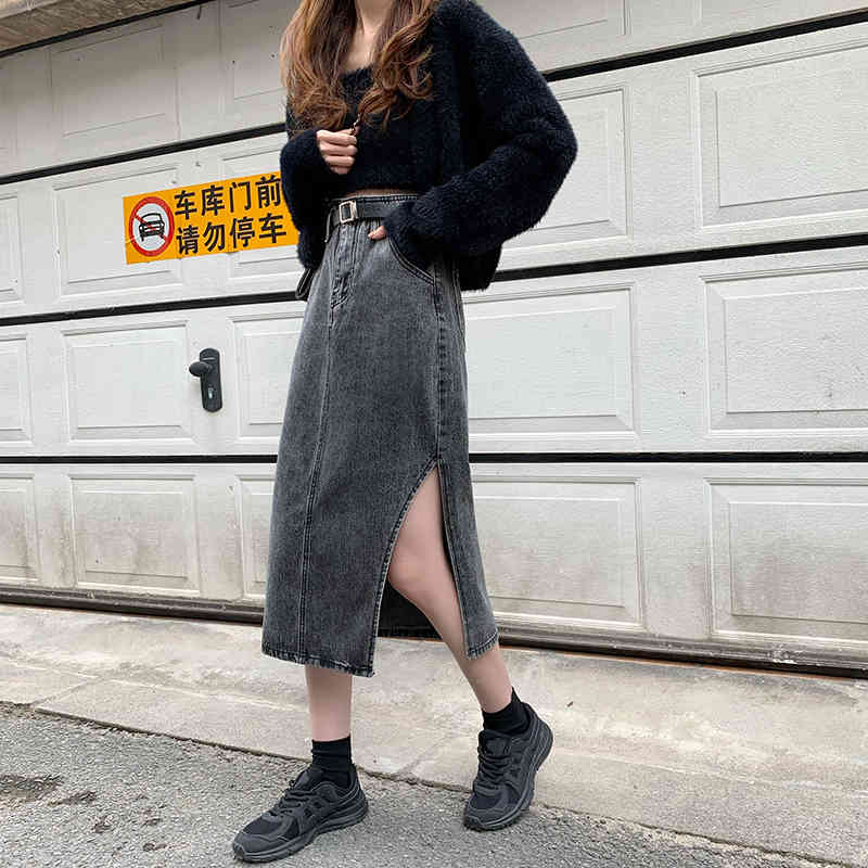 S-XL 2Color Long Denim Skirt korean style Side Split High Waist Midi Skirts Women split Jean Skirt Style Saia Jeans (72856 210423