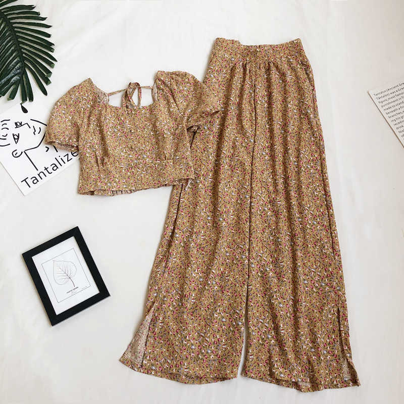 LY VAREY LIN Summer Women Holiday Style Square Neck Short Tops+Split High Waist Wide Leg Pants Suit Two Piece Set 210526