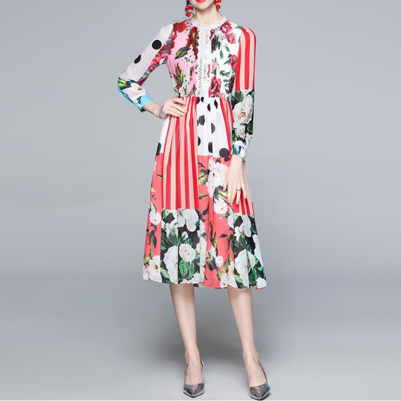 celebrity polka dot flower printed boho summer dress for women patchwork lace ruched A-line holiday midi robe plus size z 210421