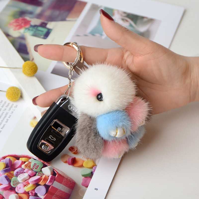 New 10cm Real Mink Fur Cute Plush Bunny Rabbit Keychain Ladys Girls Bag Car Key Keyring Pompon Pendant Accessories R250728