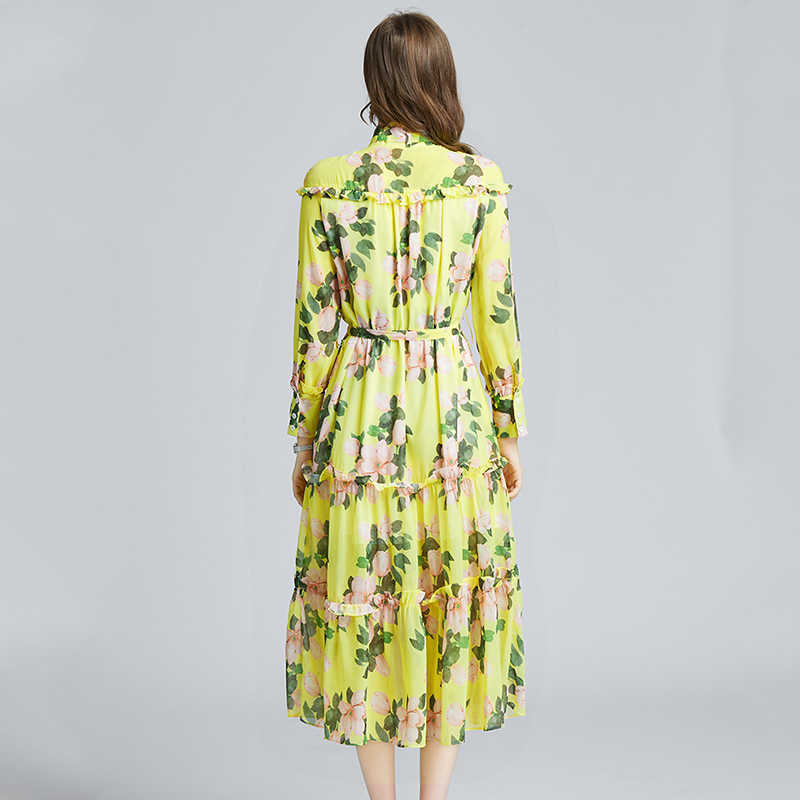 LY VAREY LIN Spring Women Dress Lace Up Stand Collar Print Elegant Chiffon Lady Midi Long 210526