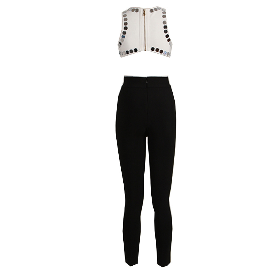 Women'S Bandage Jumpsuit Celebrity Party Sexy Bodycon Black And White Stitching Sequins Sleeveless 210525