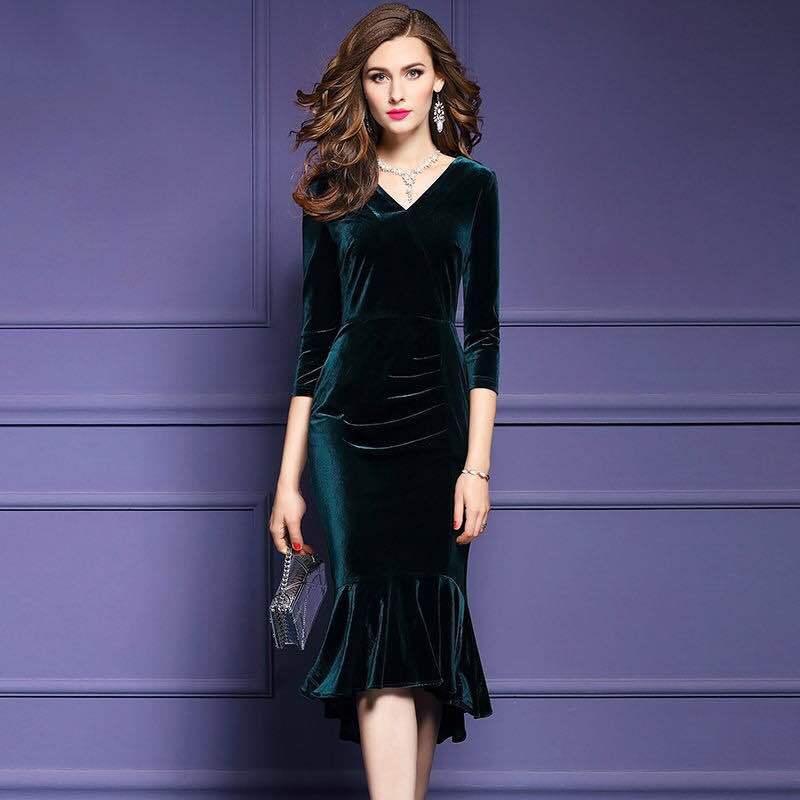 Elegant Gold Velvet Dress V-neck Solid Spring/Autumn Stretch Slim Knee-Length Evening Party Vestidos Large Size 4xL Dresses Casual