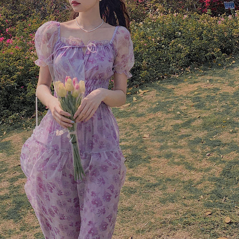 Square Collar Elegant Lace Party Dress Women Short Sleeve Floral Beach Dress Female Dress Korean Summer Kawaii 210521