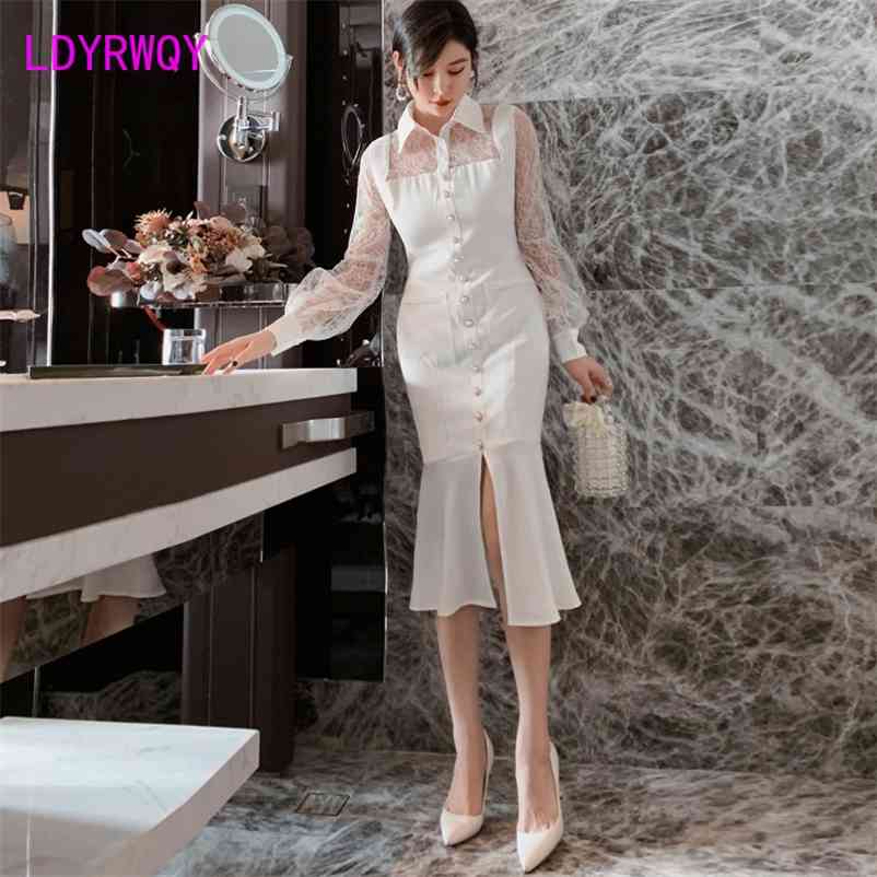 autumn and winter sexy lace stitching shirt collar lantern sleeve split fishtail dress Knee-Length V-Neck Zippers 210603, White
autumn and winter sexy lace stitching shirt collar lantern sleeve split fishtail dress Knee-Length V-Neck Zippers 210603, White