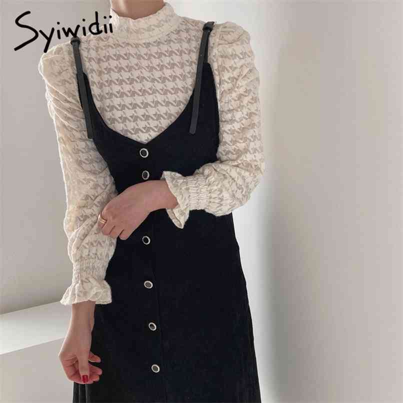 2 Piece Dresses for Women Houndstooth Velour Mesh Casual A-Line Puff Sleeve Turtleneck Blouse White Black Spring 210607
2 Piece Dresses for Women Houndstooth Velour Mesh Casual A-Line Puff Sleeve Turtleneck Blouse White Black Spring 210607