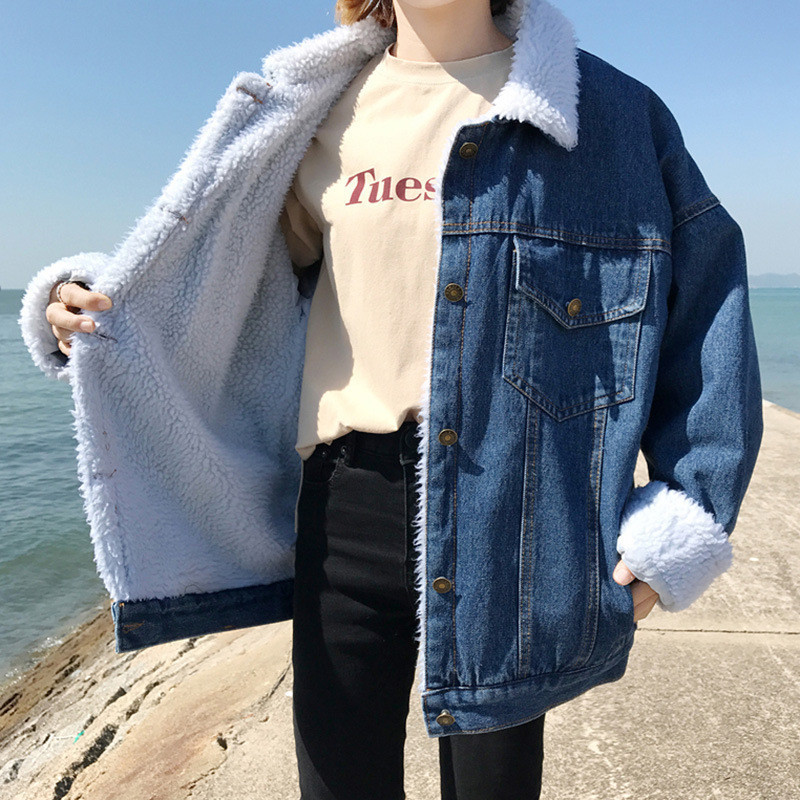 Jacket Women Denim Winter Lamb Wool Loose Long Sleeve Velvet Thin Cotton Vintage Button Coat 210428