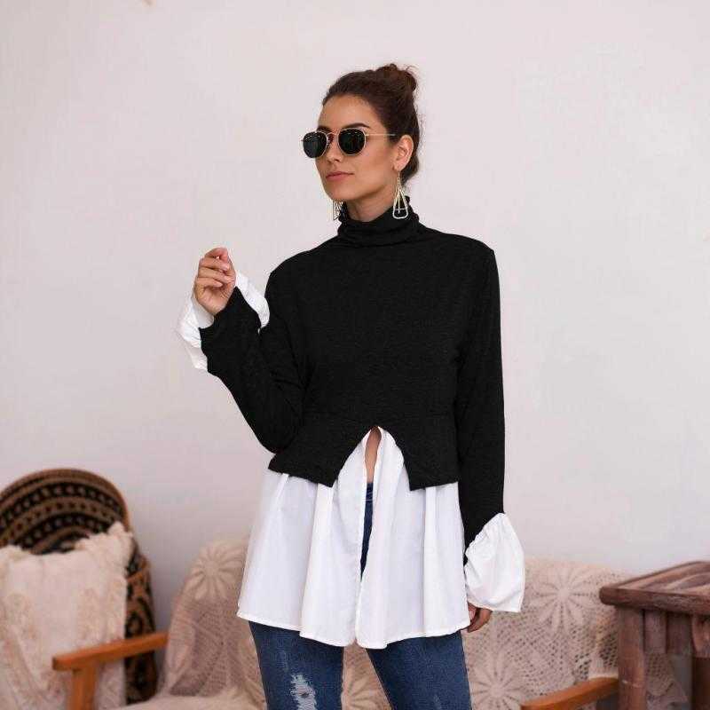 Women T Shirt urtleneck Long Sleeve Female ee Ruffle Stitching shirts Fashion Ladies -shirt Loose s ops 210524
