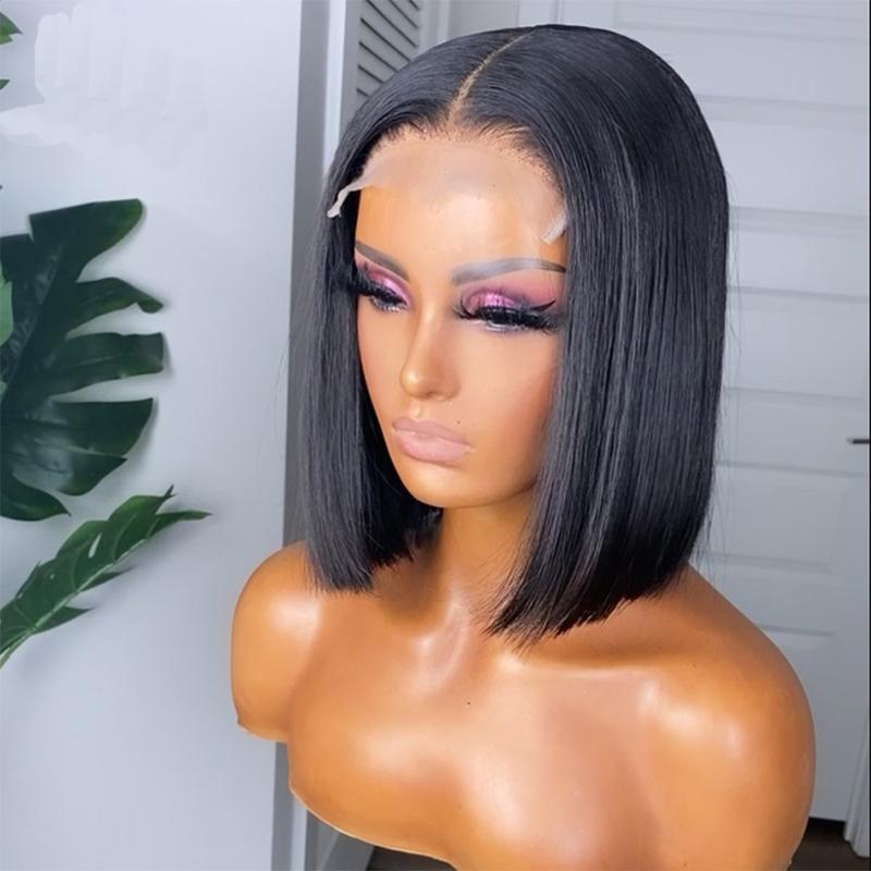 Synthetic Wigs 12Inch Black Short Bob Straight Lace Front For Women With Baby Hair Daily Wear Fiber 180%Density
