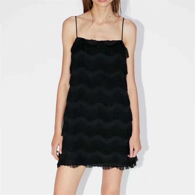 Sexy Women Cascading Tassels Chiffon Dresses Fashion Ladies Sweet Black Strap Dress Elegant Female Chic Mini Vestidos 210430