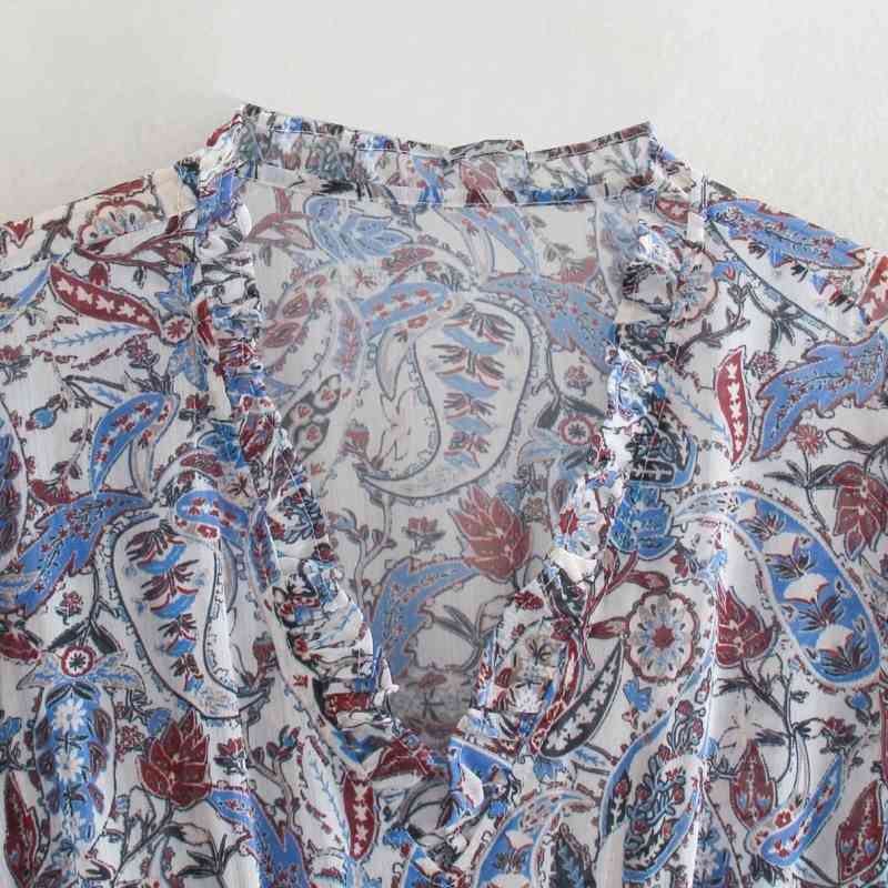 Women Paisley Printing V-Neck Ruffle Long Sleeve Mini Dress Casual Femme Loose Clothes Vestido D6606 210430Z