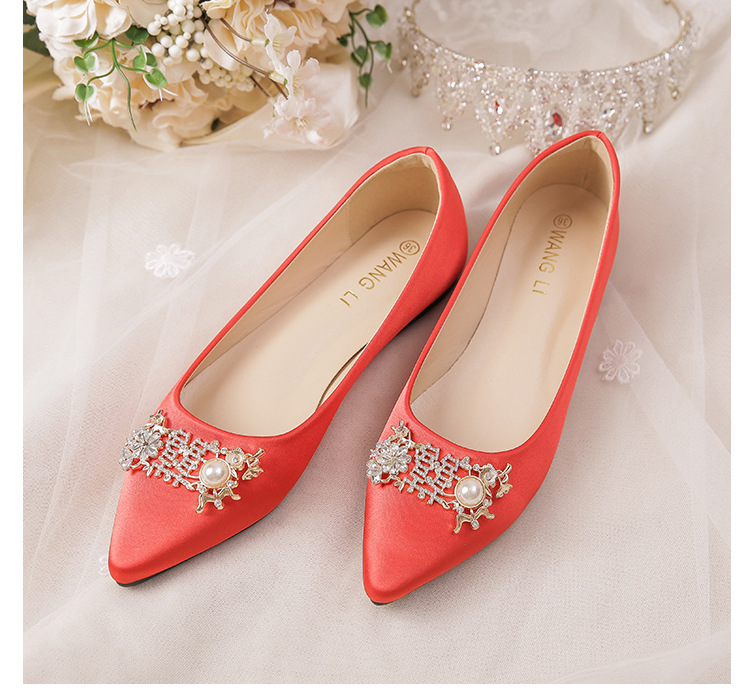 Satin Pointed Flat Women Shoes Pearls Rectangle Buckle Diamond Sexy Wedding Bridal Bradesmaid Prom for Lady Shoes