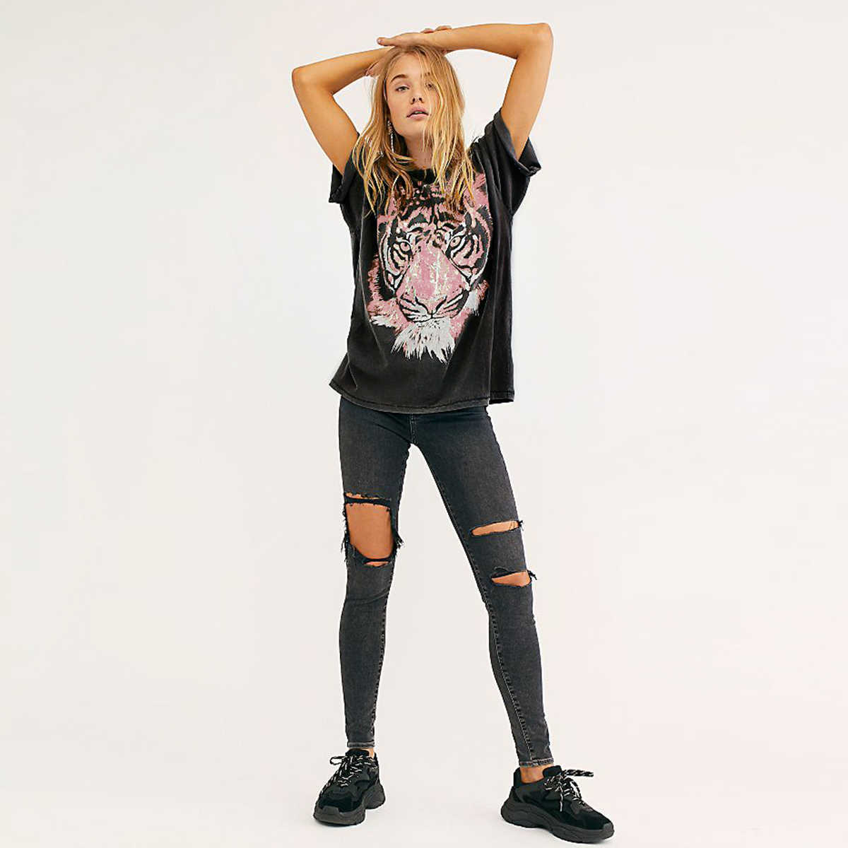 Jastie Oversized Tiger Tee Graphic Women T-Shirt Cotton Loose Slouchy tee shirts O-Neck Pullover Short Sleeve Summer tshirt Top 210720