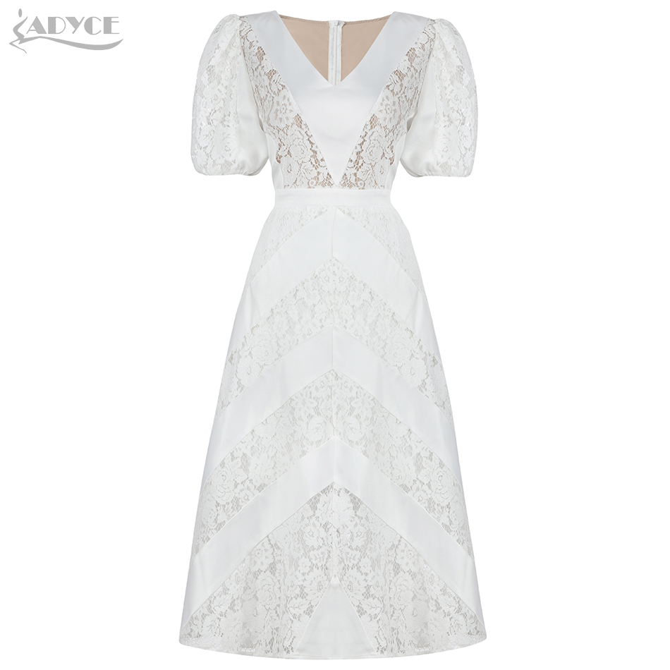 Summer Elegant White Lace Short Sleeve Club Dress For Women Sexy V Neck Midi Evening Runway Party Fashion Dresses 210423