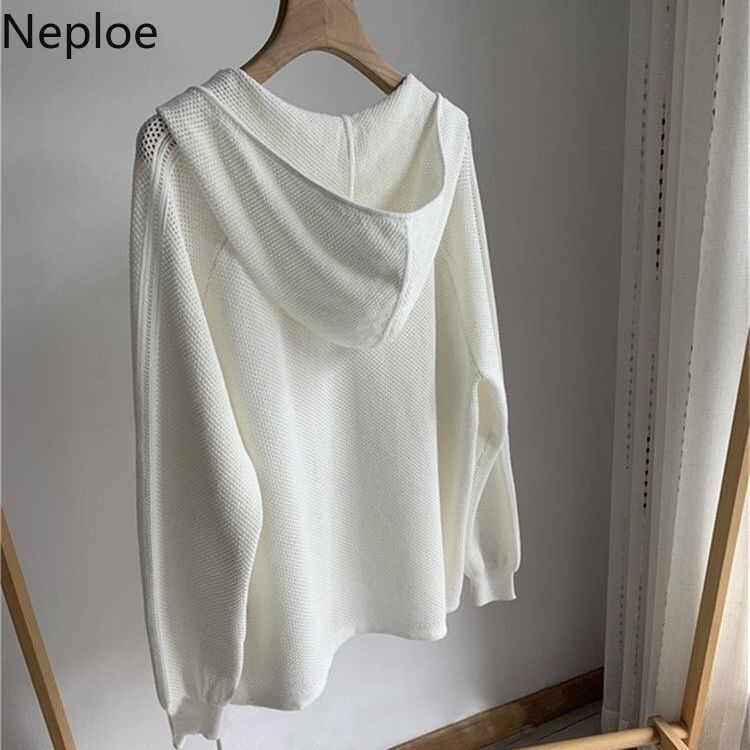 Neploe Hooded Sweater Women Spring Thin Simple Knit Pullovers Casual Hollow Out Korean Loose White All Match Jumper Tops 4H765 210422