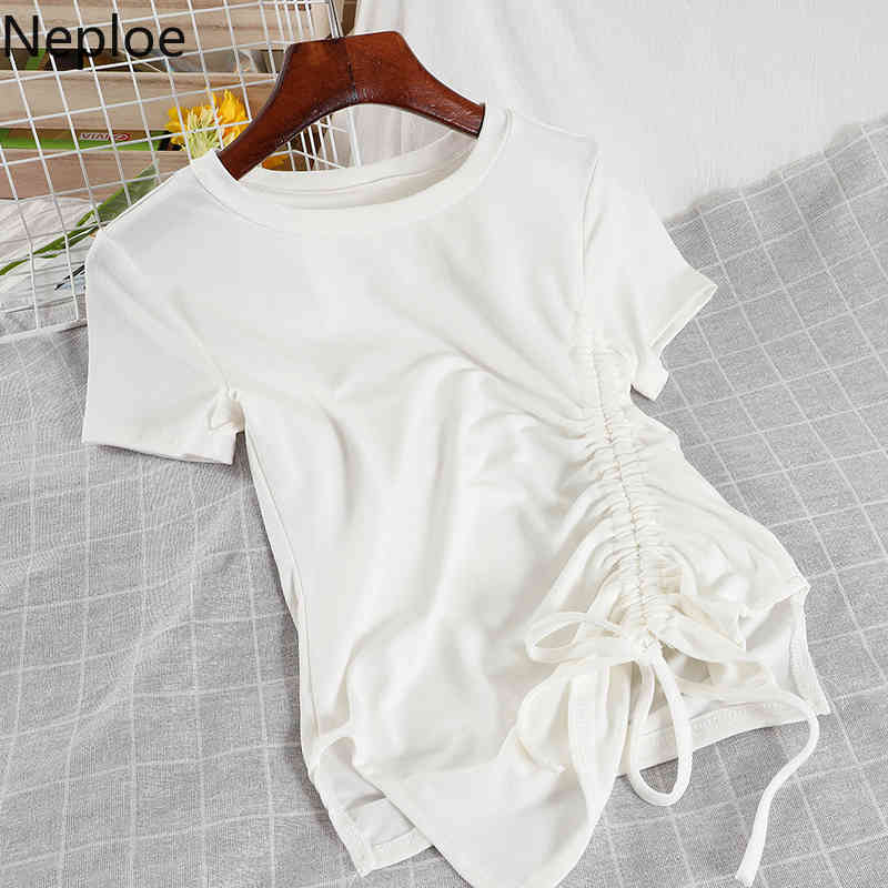 Neploe Solid Thin T Shirt Women Summer Fashion Korean Female Tees O Neck Sweet Irregular Short Sleeve Drawstring Tops 4h877 210422