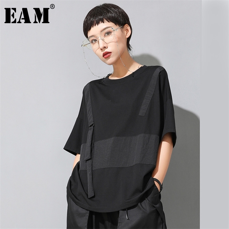 EAM Women Black Contrast Color Split Big Size Tshirt Round Neck Half Sleeve Fashion Spring Summer 1U136 210406