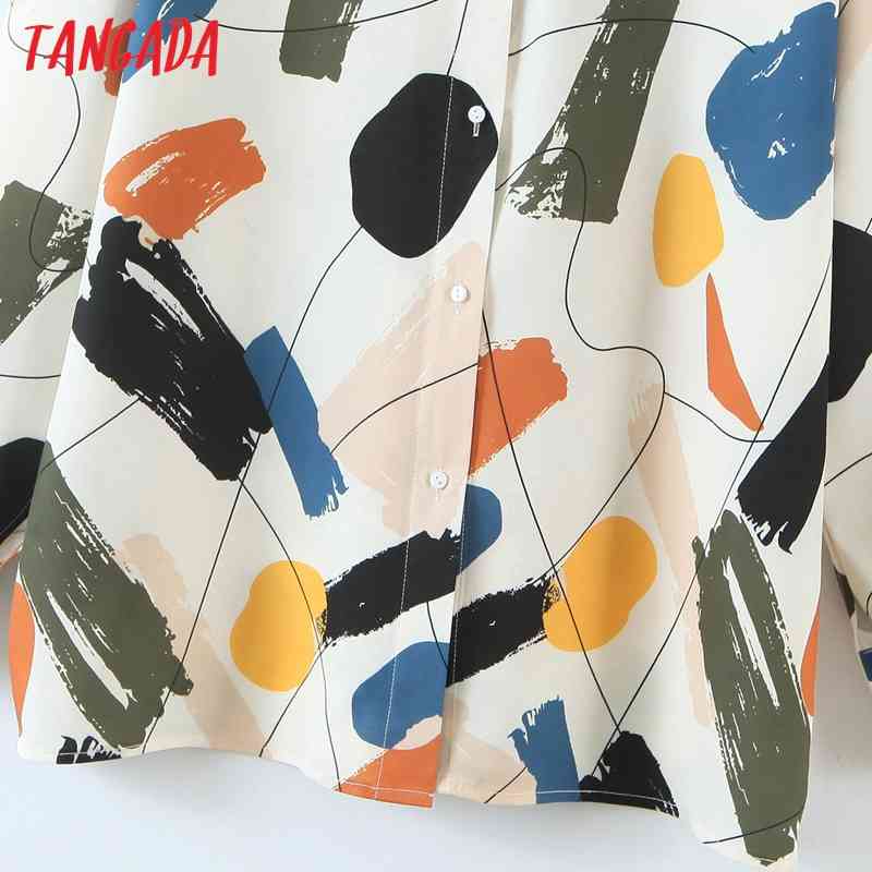 Women Retro Geometry Print Chiffon Shirt Blouse Office Lady Long Sleeve Chic Female Tops SL546 210416
