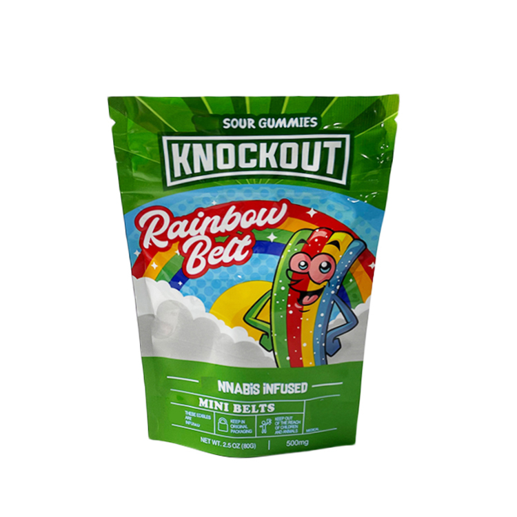 Knockout gummies bag 500mg empty plastic packaging bag edibles rainbow belt sour gummy bites Infused packing mylar bags with child resistant zipper
Knockout gummies bag 500mg empty plastic packaging bag edibles rainbow belt sour gummy bites Infused packing mylar bags with child resistant zipper