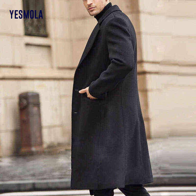 YESMOLA Autumn Winter Mens Coat Solid Long Sleeve Woolen Jackets Fleece Men Overcoat Streetwear Fashion Long Trench Outerwear 211119