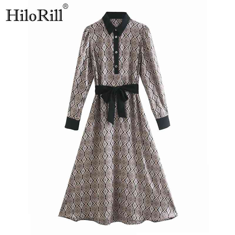 Lady Elegant Shirt Dress Long Sleeve Print Midi es For Women Patchwork Casual Bandage Vestido De Mulher 210508