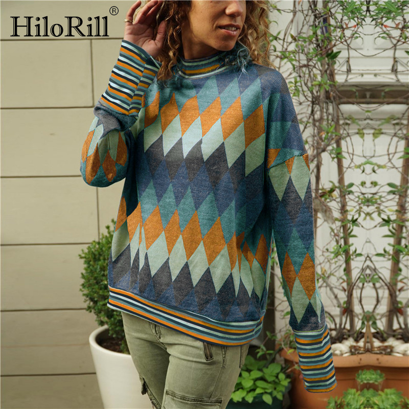 Long Sleeve T Shirts Women Geometric Print T-Shirt Casual Turtleneck Knitted Shirt Ladies Tops Tee Camiseta Mujer 210508