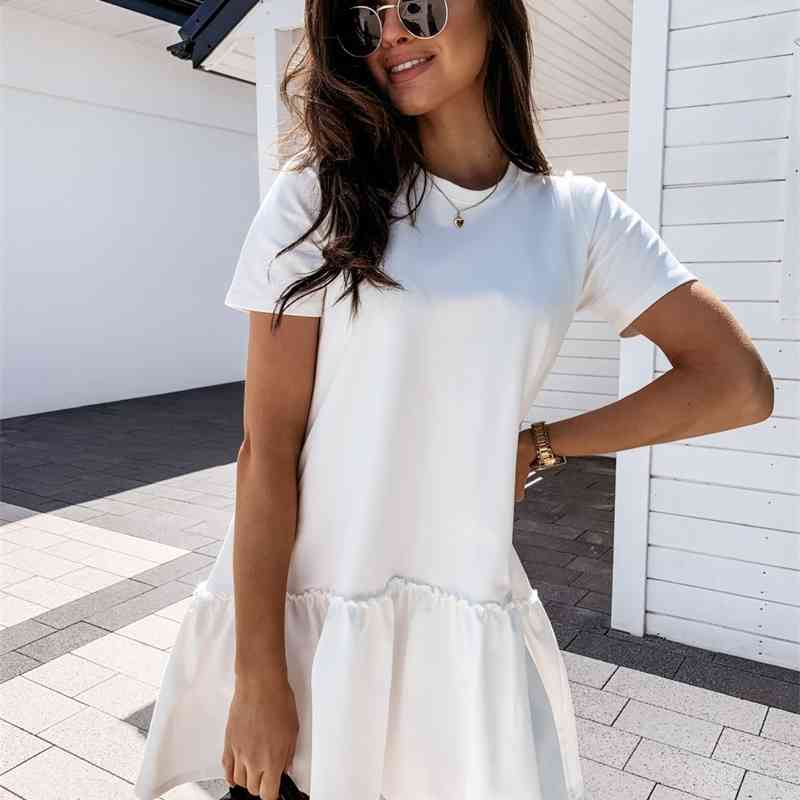 Solid Color Women Dress Summer Fashion Ruffles Mini O Neck Short Sleeve Casual Loose Plus Size Woman Clothes 210603