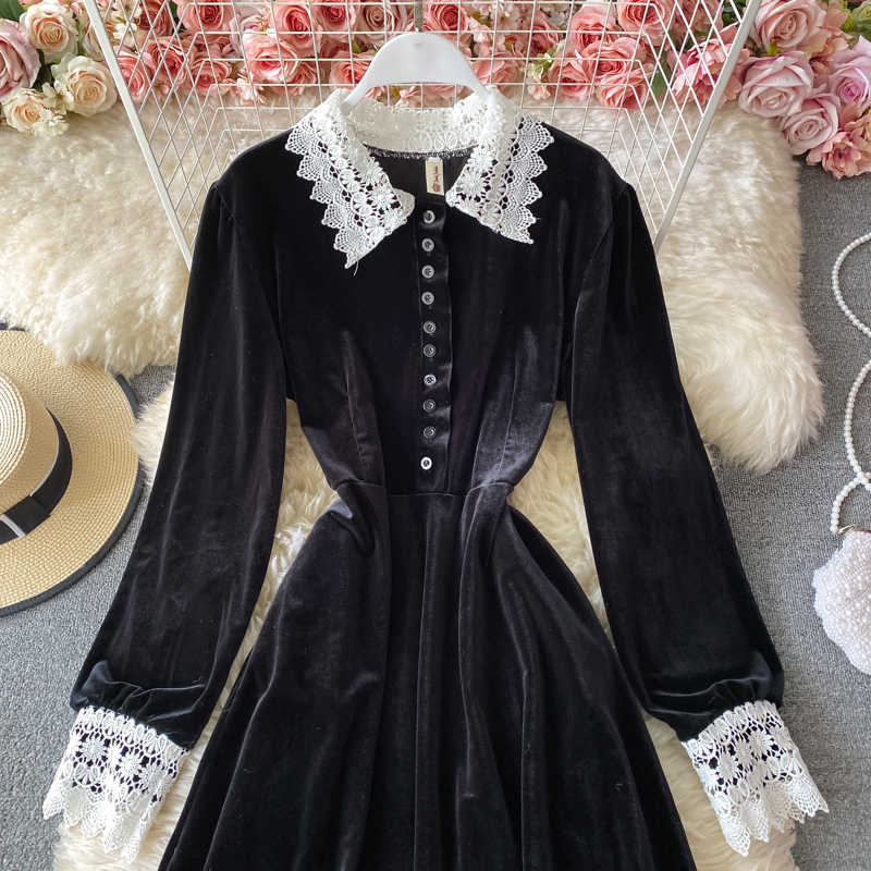 LY VAREY LIN Spring Autumn Women Black Single Breasted Long Sleeve Dress Vintage Collar Lace Patchwork Velvet 210526