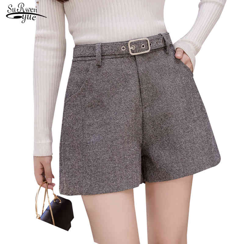 Fashion Winter Short Pants Women High Waist Solid Woolen Female s Casual Wide Leg Femme 7789 50 210508
