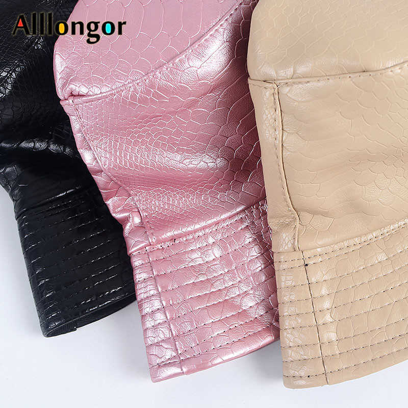 2021 Reversible France Black Leather Folding Women's Bucket Hat Women bob Fishing Hats fisherman Cap Men gorros pescador hip hop H0828