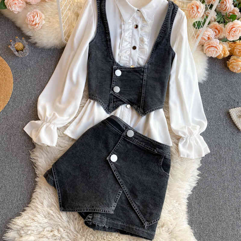 Nomikuma Women 3pieces Set Puff Sleeve Turn-down Colalr Blouse + Demin Vest + Irregular Jeans Shorts Korean Suits New 6F129 210427