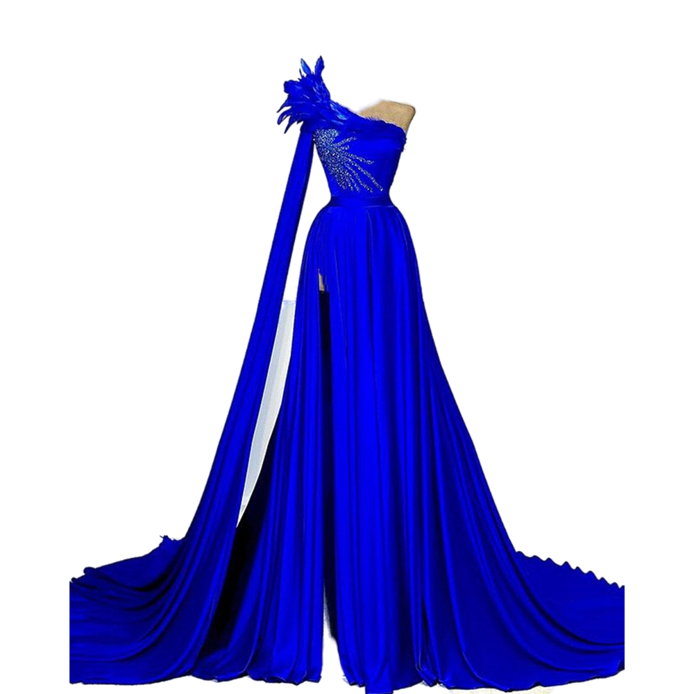 Sexy Side Split Royal Blue Prom Dresses One Shoulder Long Satin Feather Formal Evening Gowns Beads A Line Special Occasion Dress For Women 2022