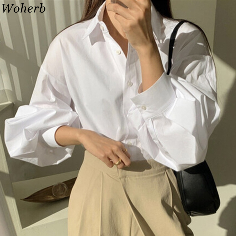 Woman Blouse Korean Spring Mint Green Single-breasted Tops Women Clothing Loose Lantern Sleeve Shirt Blouses Blusas Mujer 210519